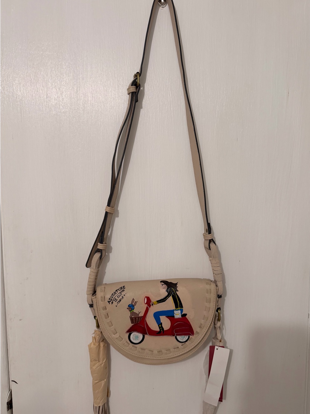 Merona Beige Tassel Crossbody Bag With Hand Painted Design
